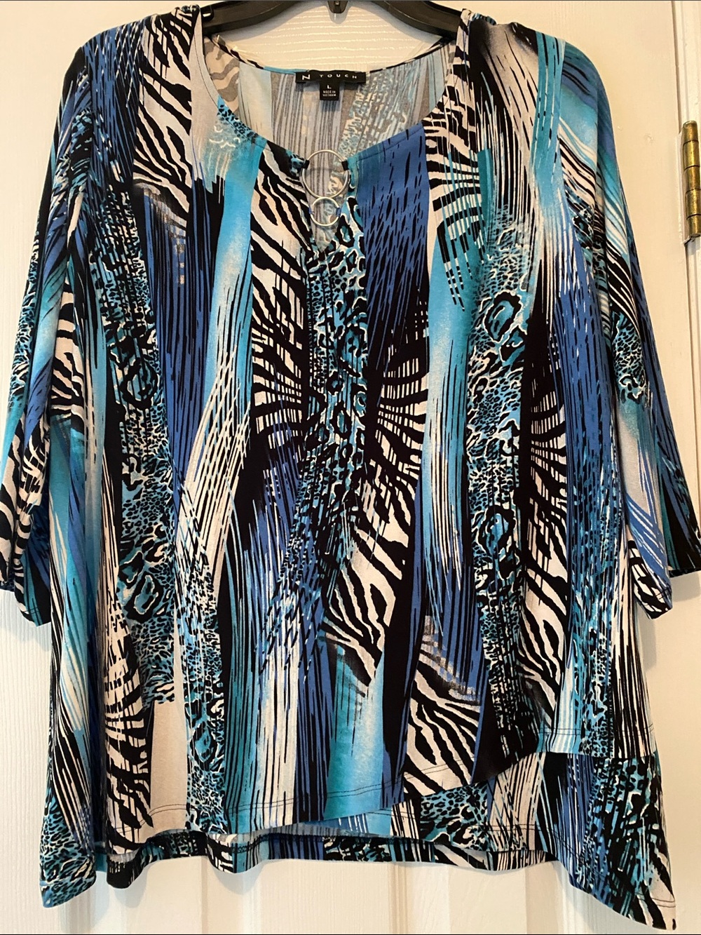 N Touch Blue Multi-Pattern Ring-Accent Women's Tunic